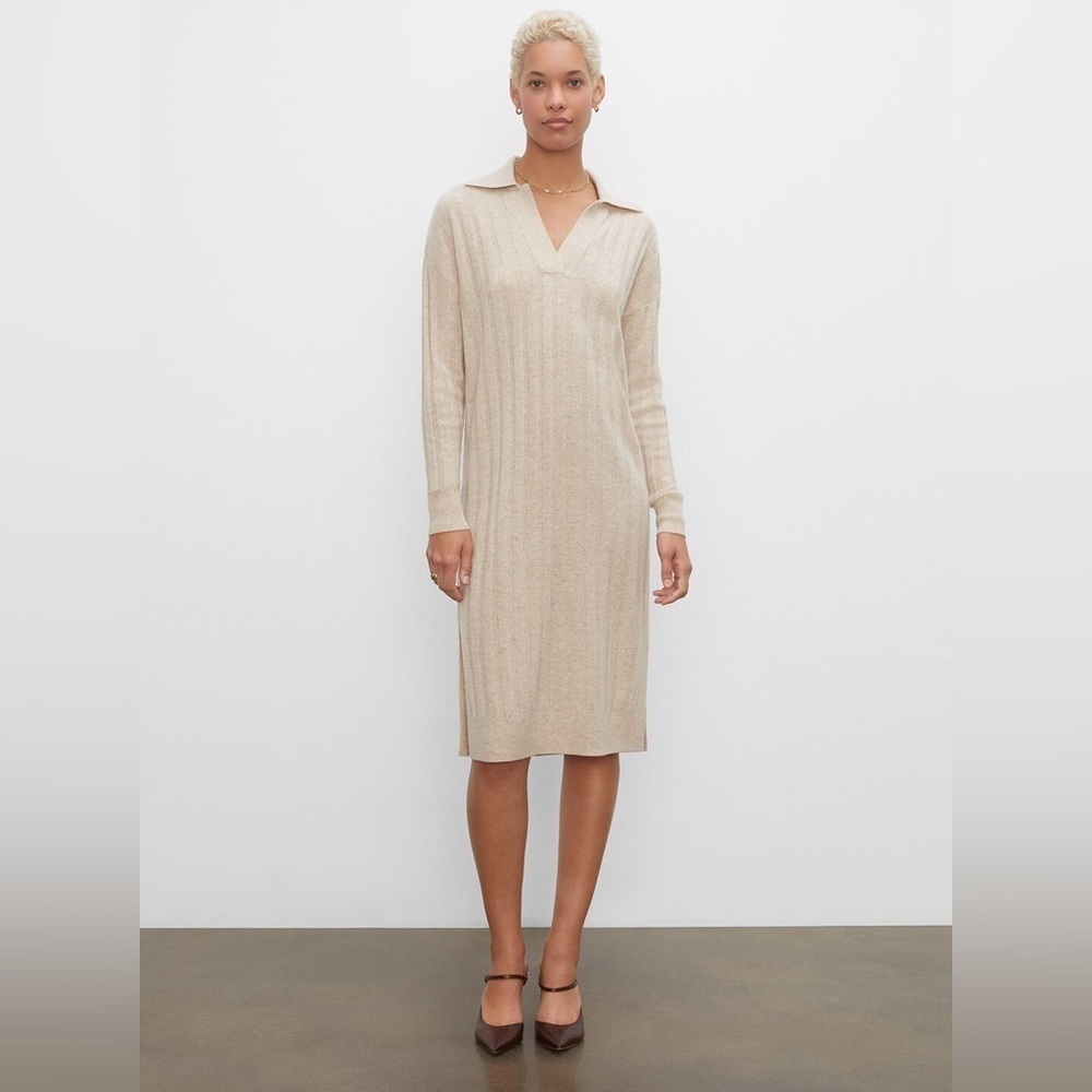 CLUB MONACO Tan Cashmere Ribbed Polo Dress L